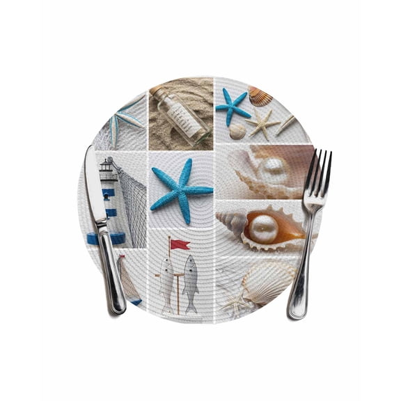 Coastal Beach Themed Round Table Placemats 1 pc, Summer Ocean Starfish Shell Boat Washable Woven Place Mats for Dining Tables Kitchen Party Decor,Heat Proof, 13in,