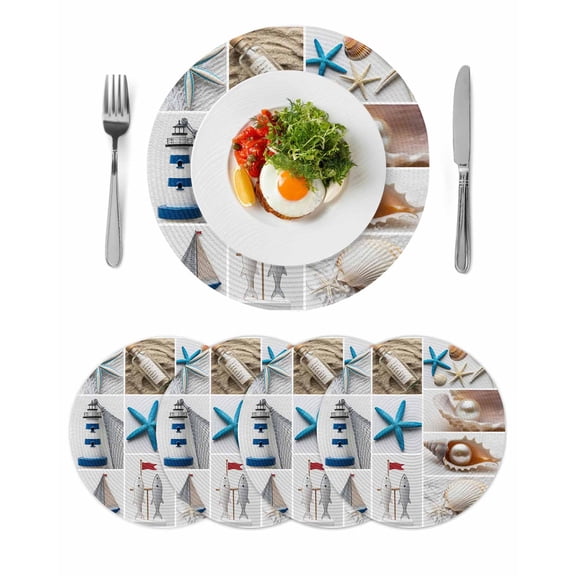 Coastal Beach Themed Round Table Placemats set of 4, Summer Ocean Starfish Shell Boat Washable Woven Place Mats for Dining Tables Kitchen Party Decor,Heat Proof, 13in,
