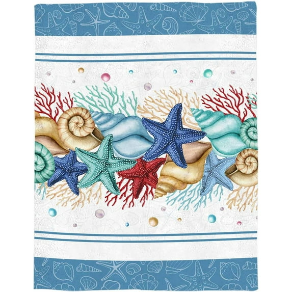 Coastal Beach Throw Blankets, Nautical Ocean Seashell Coral Starfish Soft Fleece Blanket Decorative for Home Sofa Couch Chair Living Bedroom,50x60 inches, Lake Blue Summer