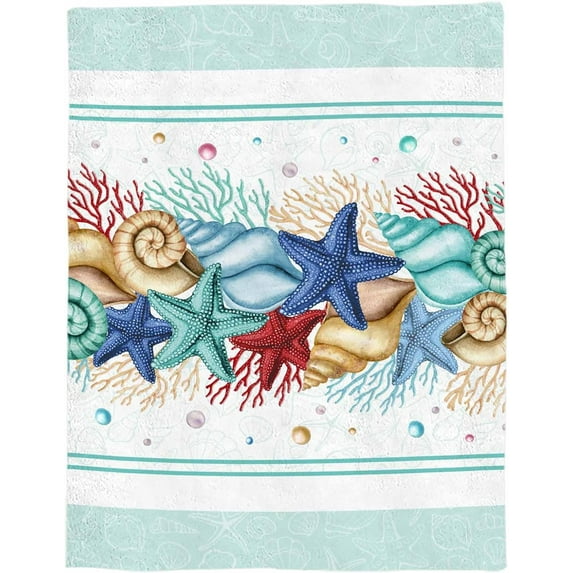 Coastal Beach Throw Blankets, Nautical Ocean Seashell Coral Starfish Soft Fleece Blanket Decorative for Home Sofa Couch Chair Living Bedroom,60x80 Inches, Aqua Blue Summer