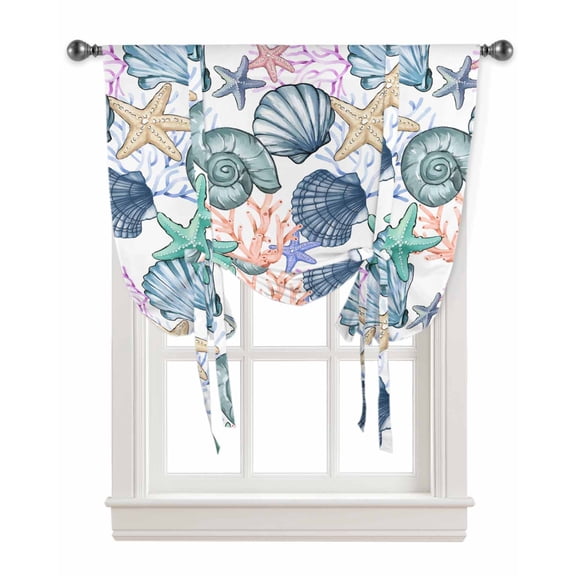 Coastal Beach Tie Up Curtains for Kitchen Bathroom Bedroom Windows 63 Inch Length, Watercolor Nautical Starfish Shell Balloon Drape Curtains Shade Rod Pocket Drapery Curtain Panel, 46"x63"