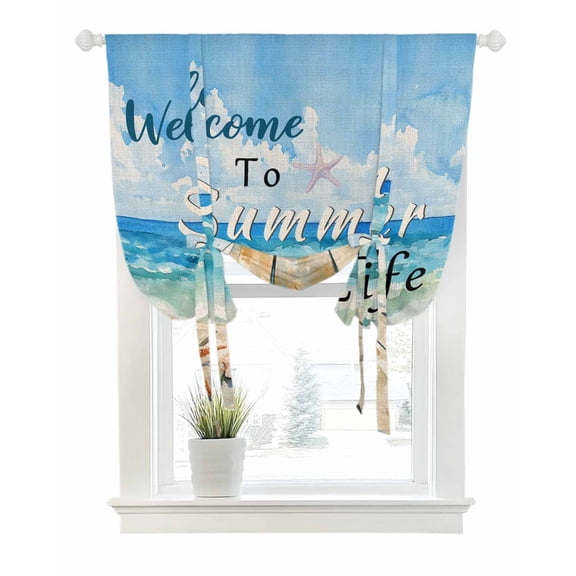 Coastal Beach Tie Up Curtains for Window, Thermal Insulated Balloon Shade Adjustable Rod Pocket Curtains Valance Panels for Kitchen Bathroom Cafe 42 x 45 Retro Summer Ocean Wave Starfish Shell