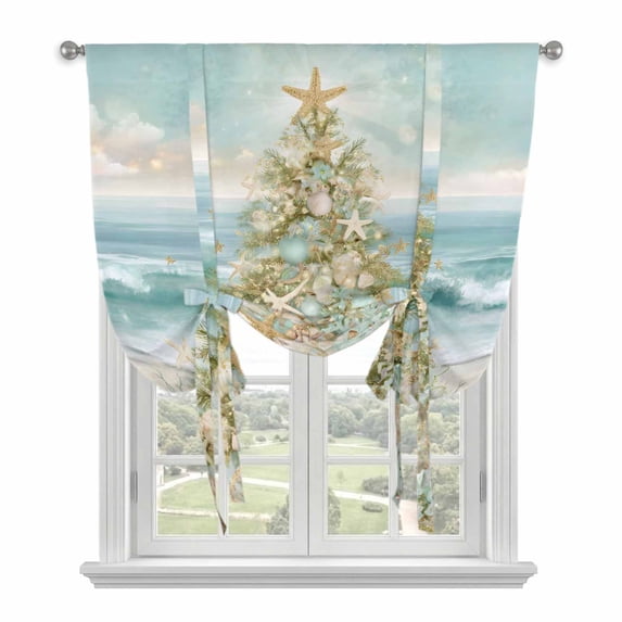 Coastal Beach Tie Up Curtains for Windows, Adjustable Balloon Window Shades, Summer Ocean Wave Starfish Coral Trees Kitchen Window Treatments Adjustable Roll Up Curtain for Basement/Nursery 52"x45"