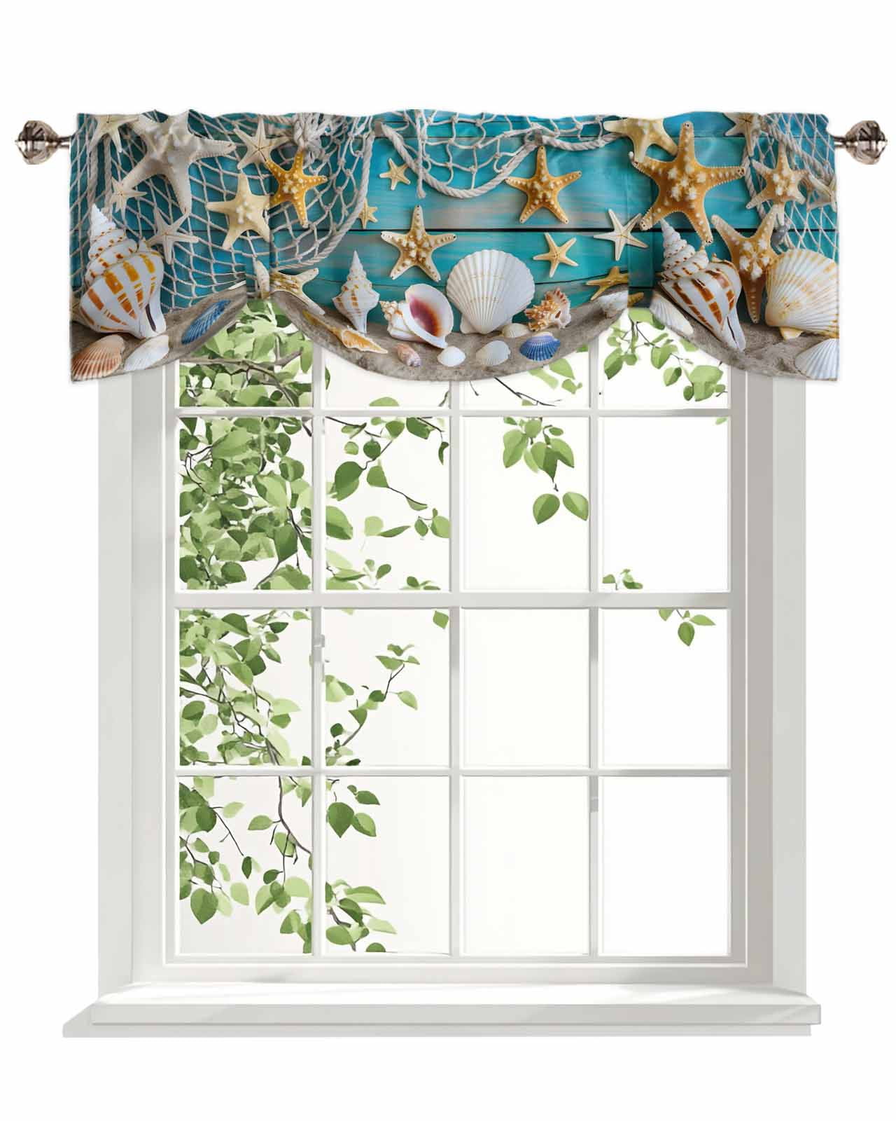 Coastal Beach Tie Up Valances Curtain, Adjustable Kitchen Conch Starfish Valances for Windows Decor, Rod Pocket Short Curtains Set for Bedroom/Bathroom, 60"x18"