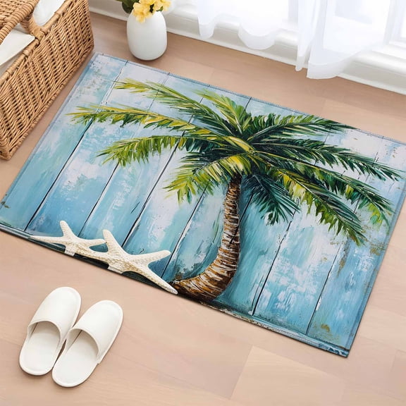 Coastal Beach Tree Bathroom Rug Washable 2x3 Entryway Rug Non Slip Ocean Tropical Palm Starfish Blue Green Front Door Mat Low Pile Indoor Doormat Throw Floor Carpet for Kitchen Bedroom Entrance