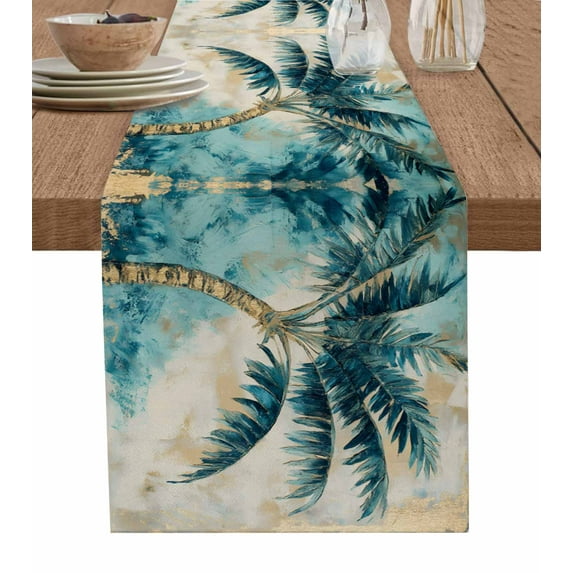 Coastal Beach Tree Burlap Cotton Table Runner 13x48 Inches Long, Vintage Tropical Palm Plant Farmhouse Table Runners, Outdoor Dining Tablecloths Decor for Baby Shower/Party/Wedding