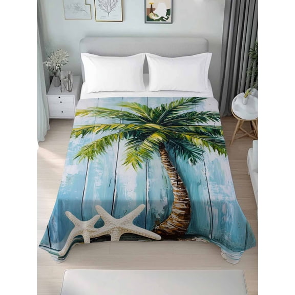Coastal Beach Tree California King Size Flat Sheet, Wrinkleproof & Fadeproof Cooling Flat Bed Sheet Only, Ocean Tropical Palm Starfish Blue Green Breathable Soft Bedding Top Sheets 108 x 98 Inches