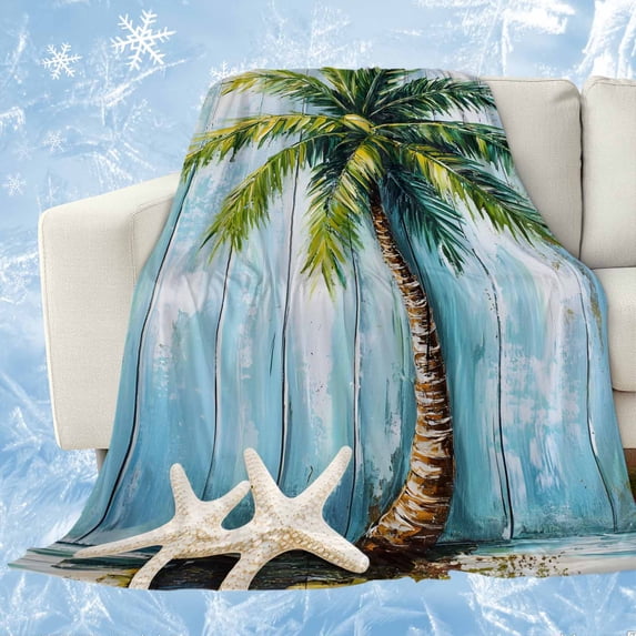 Coastal Beach Tree Cooling Blanket,Lightweight Breathable Summer Throw Blanket with Double Sided Cold Effect,Ocean Tropical Palm Starfish Blue Green Picnic Blankets Bed Sheet for Hot Sleepers 40"x60"