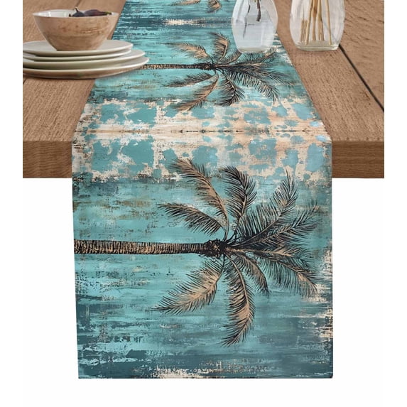 Coastal Beach Tree Green Table Runner 48 Inches, Summer Vintage Tropical Plant Bed Runner Dresser Scarves Tabletop for Indoor Outdoor Parties/Ceremony/Banquet, 13" x 48"