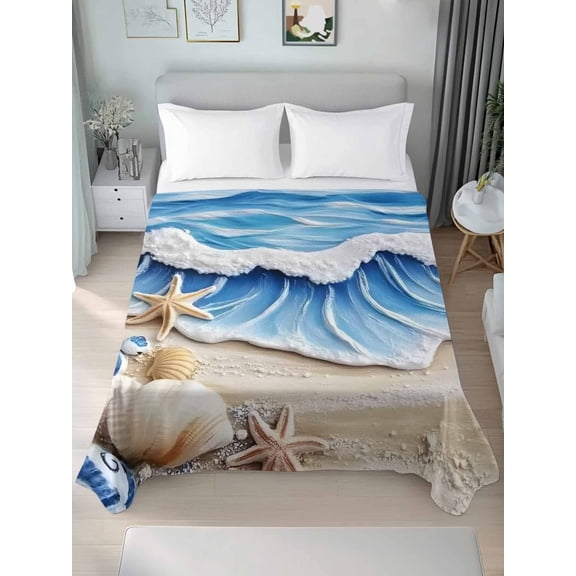 Coastal Beach Twim XL Size Flat Sheet, Wrinkleproof & Fadeproof Cooling Flat Bed Sheet Only, Blue Ocean Starfish Shell Seashore Sand Breathable Soft Bedding Top Sheets 66 x 102 Inches