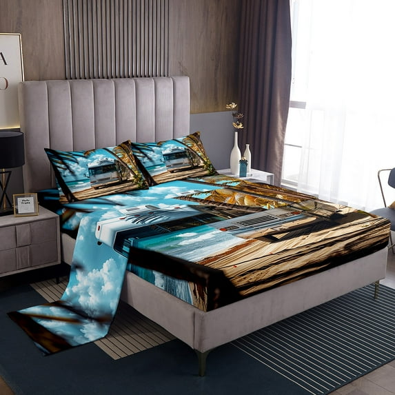 Coastal Beach Twin Bed&nbsp;Sheets Set,Hawaiian Tropical Palm Tree Bedding Set Adults Bedroom Decor,Summer Ocean Sea Theme Sheets Vintage Bus Fitted Sheet Set 3Pcs