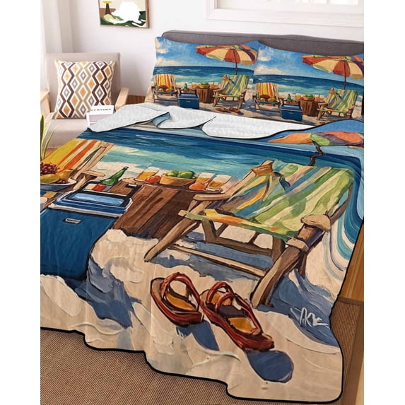 Coastal Beach Twin XL Size Down Alternative Comforter,Lightweight Comforter Quilt Bedding Set with Pillow Shams Vintage Summer Ocean Sea Wave Oil Painting Bed Comforter Duvet Insert 68"x98"