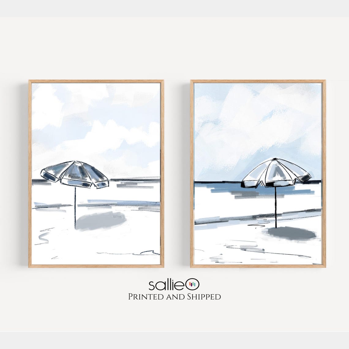 Coastal Beach Umbrella Wall Art Print Set Of 2 With Minimal Ocean Decor 