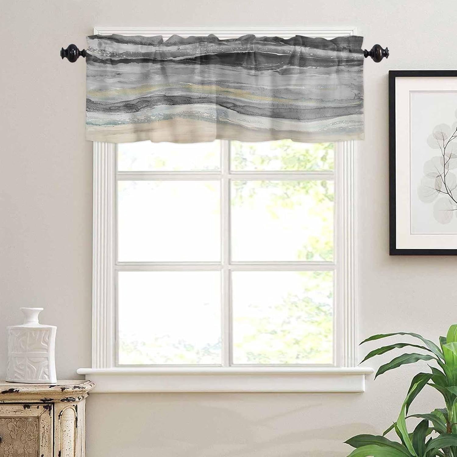 Coastal Beach Valances for Windows - Black Gray Kitchen Curtain Valance