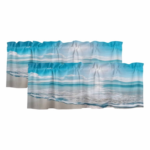 Coastal Beach Valances for Windows, Decorative Rod Pocket Window Valance Curtains, Blue Ocean Sunrise Waves Sand Shore Short Curtain Drapes for Kitchen/Bathroom/Living Room, 2 Panels, 42" W x 18" L