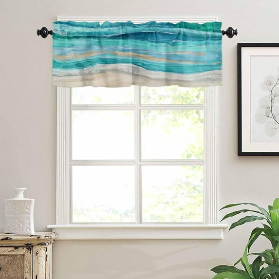Coastal Beach Valances for Windows - Teal Blue Kitchen Curtains Valances - Abstract Blue Wave Window Valances Bathroom Window Treatment Modern Ombre Valances Curtains for Living Room Bedroom 54"x18"