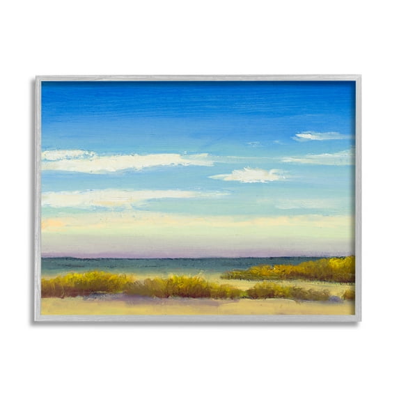 Coastal Beach Vivid Blue Sky Coastal Painting Gray Framed Art Print Wall Art