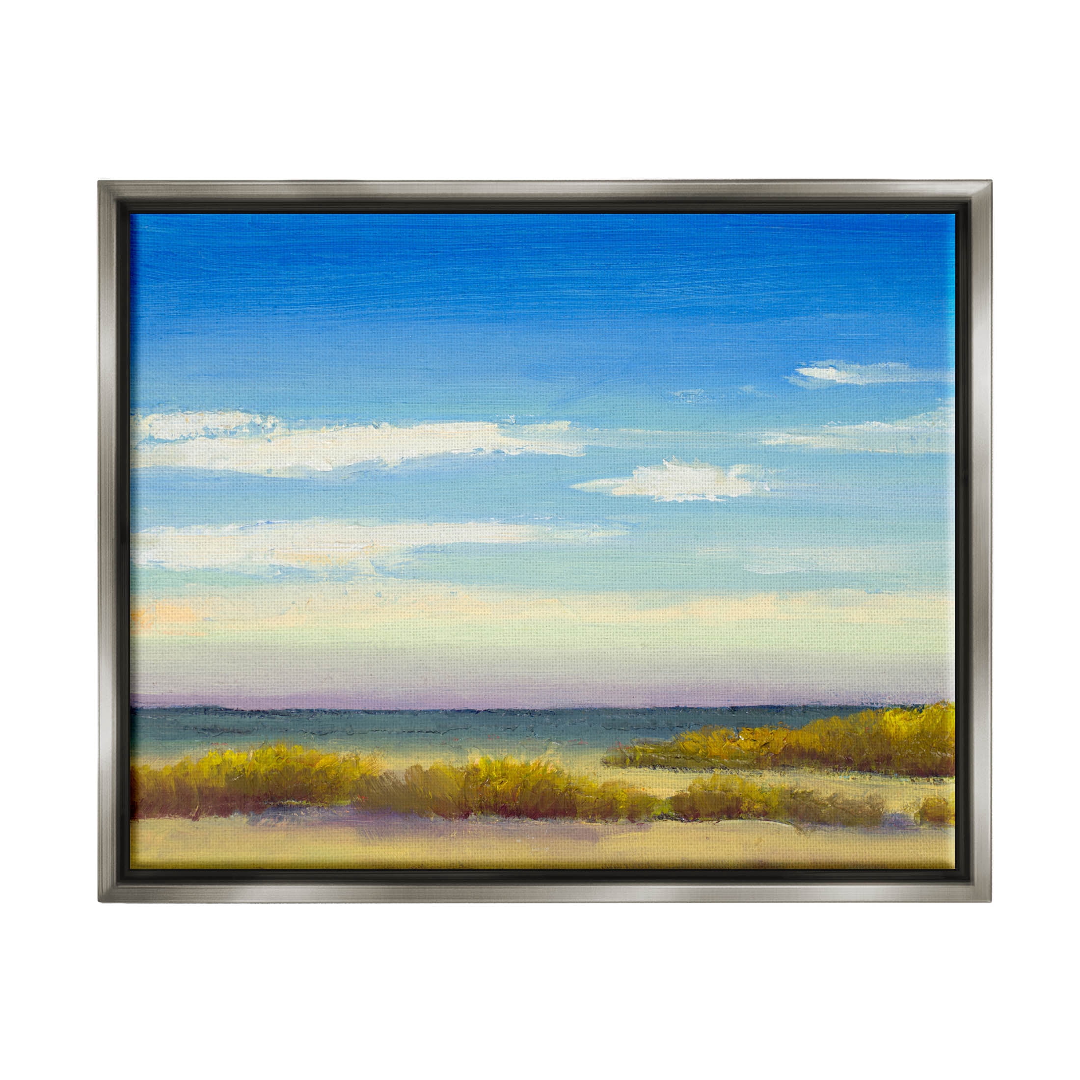 Coastal Beach Vivid Blue Sky Coastal Painting Luster Gray Framed Art Print Wall Art