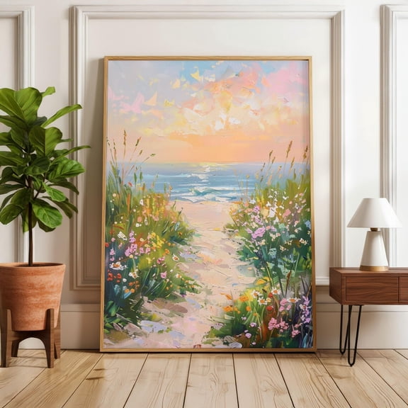 Coastal Beach Wall Art Print, Ocean Landscape, Seaside Floral Decor, Beach Path Artwork, Sunset Coastal Poster, Nature Wall Art