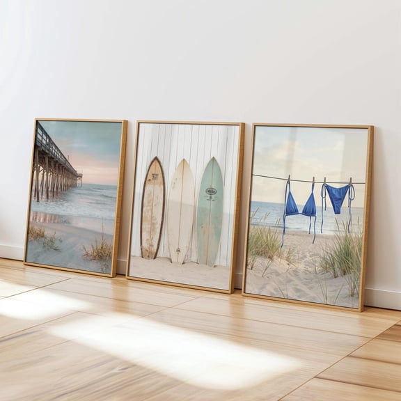 Coastal Beach Wall Art Set Surfboards, Pier, Bikini Line Prints Surf Prints Beach House Decor Three Piece Wall Art, Poster Only