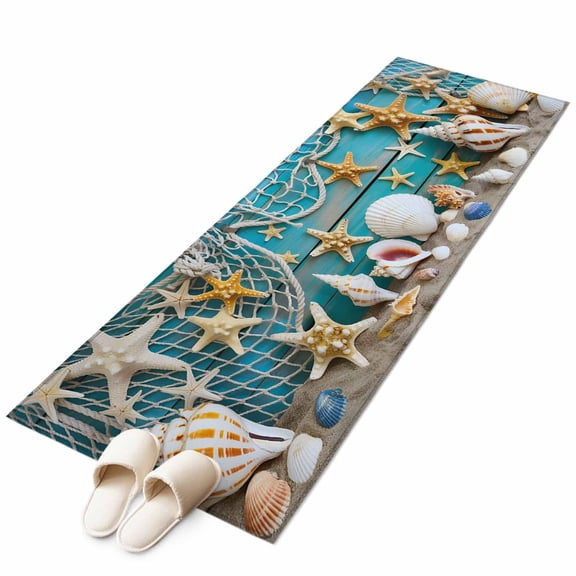 Coastal Beach Washable Area Rug 2x6ft Conch Starfish Fishing Net Wood Grain Soft Rectangle Rugs for Living Room, Non Slip Carpet for Bedroom Entryway Dining Room