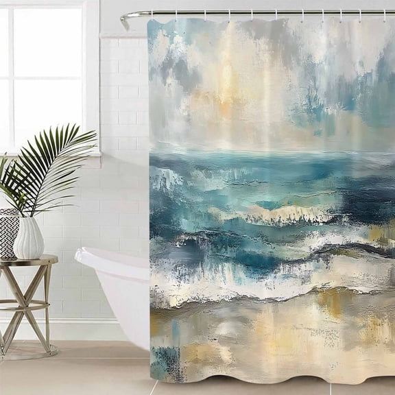 Coastal Beach Waterproof Fabric Shower Curtain, Abstract Oil Painting Ocean Wave Shower Curtain for Bathroom Curtains Bathtubs Hotel Washable Shower Curtains with 12 Hooks Standard 60x72
