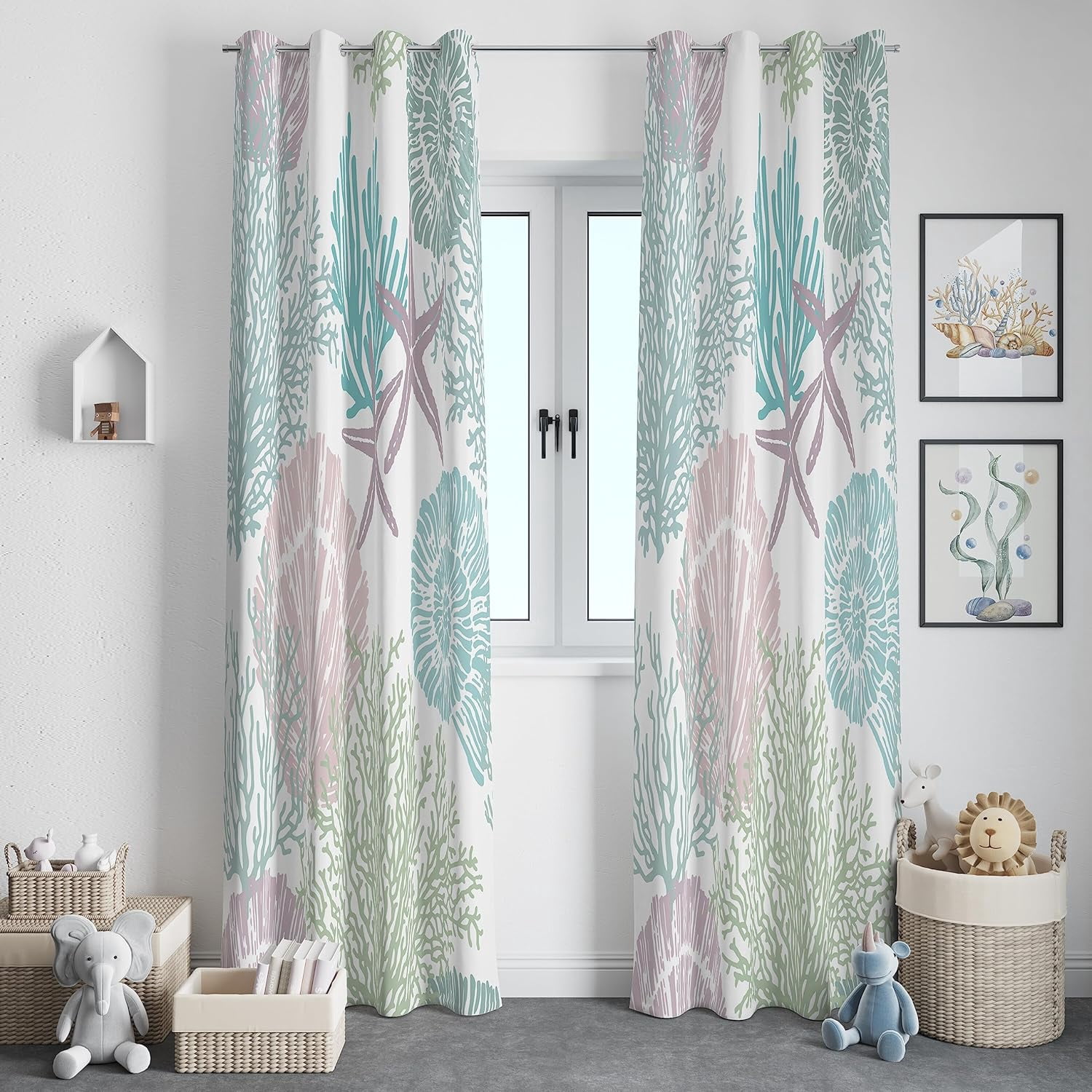 Coastal Beach Window Curtains Drapes Nautical Sea Shells Starfish Theme ...