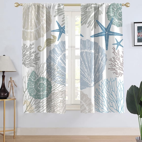 Coastal Beach Window Curtains, Extra Wide 52" W x 63" L, 2 Panels | Nautical Beachy Rod Pocket Drapes, summ-er Tropical Ocean, Teal and White Starfish Seashell, Nursery Living Dining Room Decor