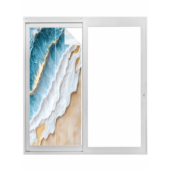 Coastal Beach Window Privacy Film, Nautical Ocean Blue Beige Seaside Static Cling UV Sun Blocking Tint Film Heat Control Windows Films for Bedroom Bathroom, Window Stickers 23.6"x59"