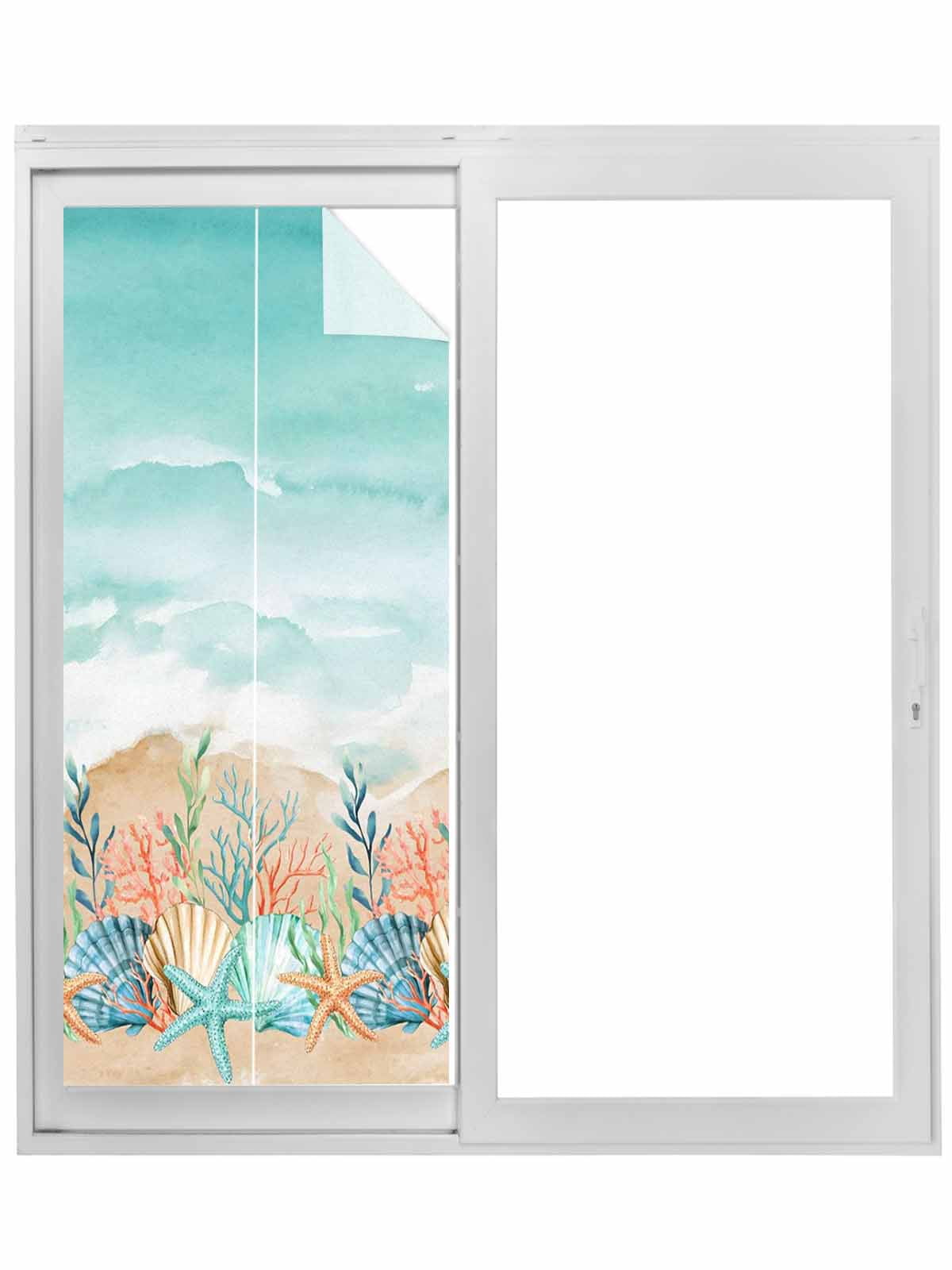 Coastal Beach Window Privacy Film, Ocean Wave Summer Sea Starfish Coral ...