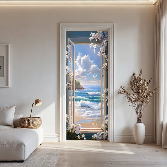 Coastal Beach Window View Door Sticker - Self-Adhesive PVC Floral Frame Ocean Scene Decal for Bedroom, Bathroom & Wall Decor