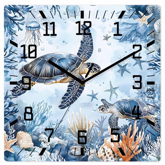 Coastal Beach Wooden Wall Clock Silent Non Ticking, Sea Turtle Nautical Coral Starfish Square Wall Clocks Battery Operated, Decor Clock for Home Office, Living Room, Kitchen, 12 Inch