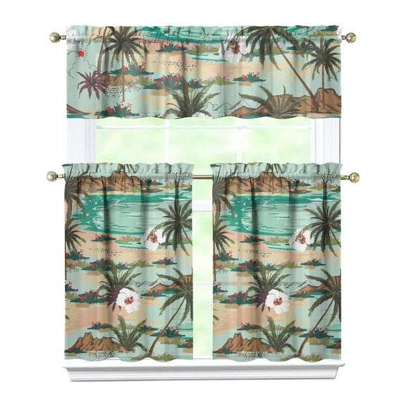 Coastal Beachy Kitchen Curtains 3-Piece Set - Hawaiian Tropical Island Semi-Sheer Rod Pocket Panels with Valance for Laundry Room or Bathroom
