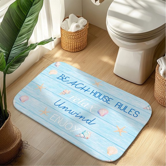 Coastal Beachy Plush Flannel Bath Rug 16x24 Inches, Quick Dry Absorbent Non Slip Mat for Bathroom Sink Tub