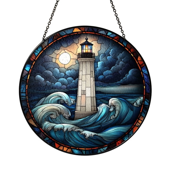 Coastal Beacon Illustration Glass Suncatcher Window Hanging, Decorative Stained Glass Style Art