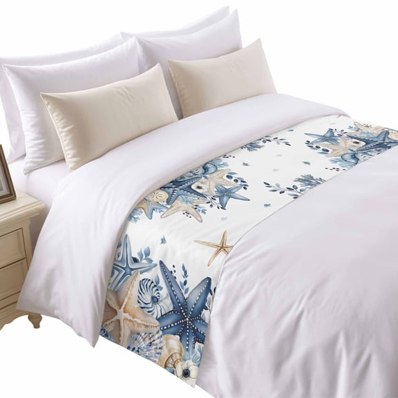 Coastal Bed Runner for King Size Bed, Ocean Blue Beige Starfish Shells Eucalyptus Leaves Soft Bedding Scarf Bedding Protector Slipcover Sofa Throw for Bedroom Hotel Guesthouse