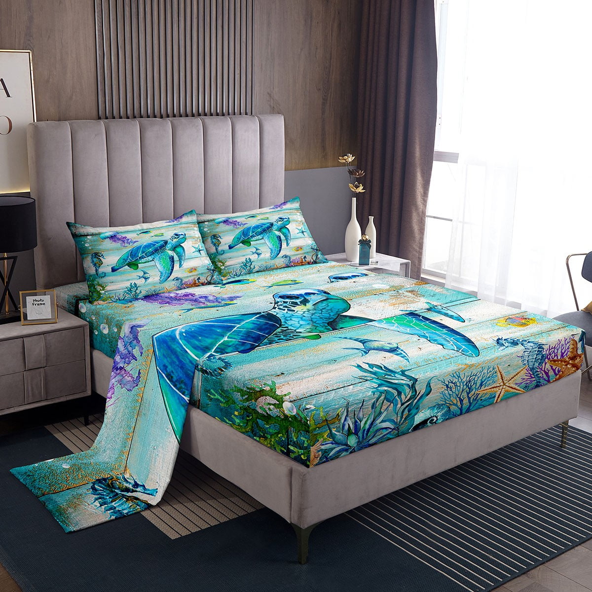Coastal Bed Sheets Set Twin,Summer Sea Turtle Jellyfish Sheet Set for