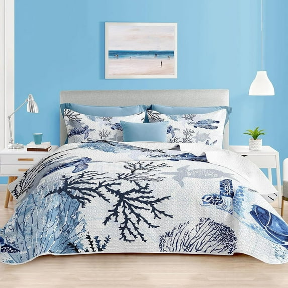 Coastal Bedding King Size Coastal Quilt with 2 Shams, Nautical Bedding Beach Comforter Sets Ocean Bedspreads Blue Seaturtle Coverlet Summer Bedding, 96''x106''