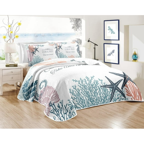 Coastal Bedding Queen Size with 2 Shams, Nautical Beach Comforter Sets Ocean Bedspreads Coastal Coverlet Summer Bedding, 90''x96''