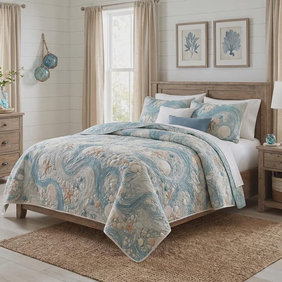 Coastal Bedding Set, Beach Bedspread, Ocean Bedroom Decor, Nautical Home Gift, Seashell Coastal Style