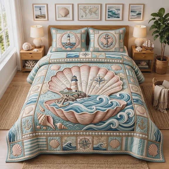 Coastal Bedding Set, Lighthouse Bedspread, Beach House Decor, Nautical Bedroom Gift, Ocean Theme