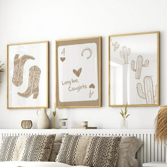 Coastal Beige Cowgirl Ace of Hearts Playing Card Boots Long Live Decor Set 3 Stretched Canvas