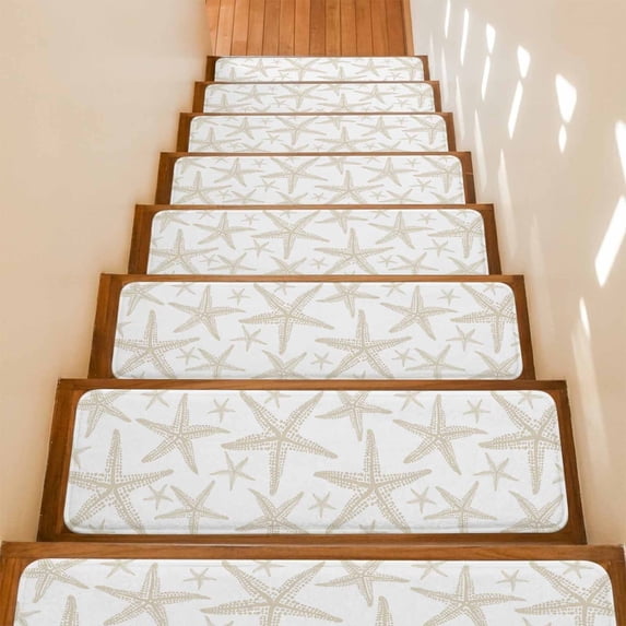 Coastal Beige Starfish Stair Treads Non Slip for Steps Nautical Minimalist Ocean Summer 4 Pcs Reusable Adhesive Stair Runner Mats for Dogs Elders Carpet Treads Rugs for Staircase 8x30 In