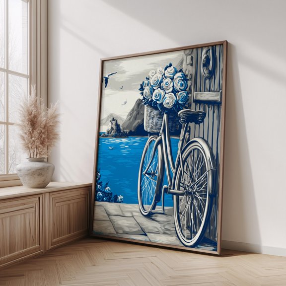 Coastal Bicycle Poster Blue Ocean Roses Wall Art Retro Seaside Decor , Poster Print Only