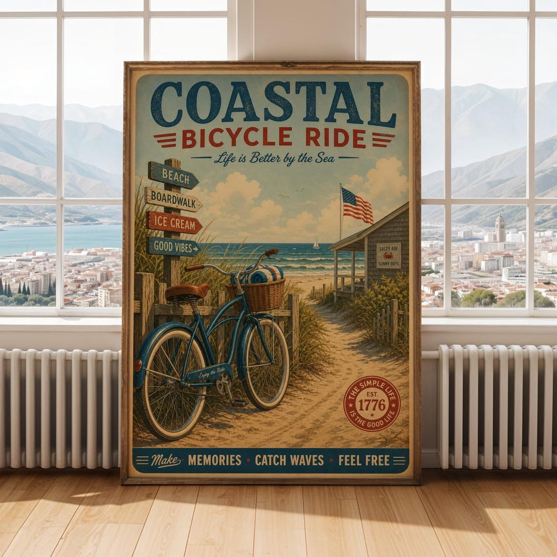 Coastal Bicycle Ride Poster, Modern Retro Illustration, Teal Blue And ...