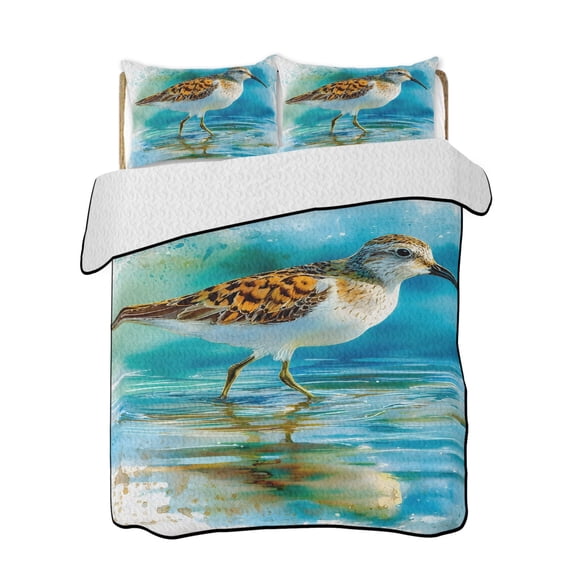 Coastal Bird 3 Piece Quilt Bedding Set with 2 Pillow Shams, Watercolor Teal Blue Bird Silhouette Lightweight Bedspread Coverlet, Soft Breathable All Season Quilt, 90 x 96 Inch