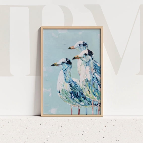 Coastal Bird Art Print, Seagull Trio For Beach House Wall Decor Home Decor #484, Stretched Canvas Size 8x12