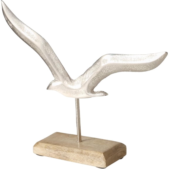 Coastal Bird Figurine, Flying Gull, Shiny Silver, Hand Cast Aluminum, Post Mounted, Rectangular Gallery Base, Mango Wood, 9.5 Inches