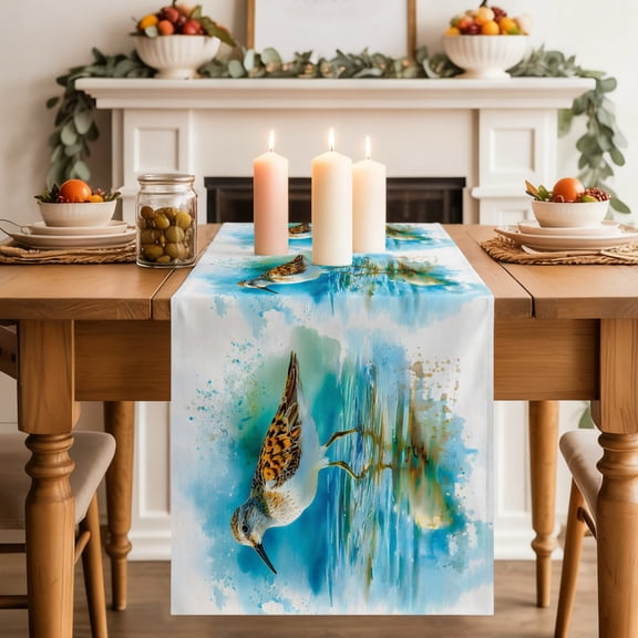 Coastal Bird Table Runner 13x36 Inch Watercolor Teal Blue Bird Silhouette Cotton Linen Dining Table Runner Ideal for Dresser Kitchen Coffee Tables - Machine Washable