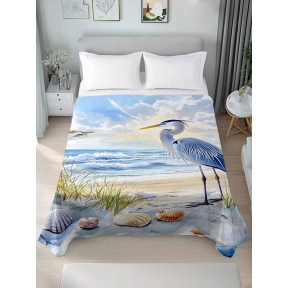 Coastal Birds California King Size Flat Sheet, Wrinkleproof & Fadeproof Cooling Flat Bed Sheet Only, Blue Sky Heron Seabird Tropical Beach Breathable Soft Bedding Top Sheets 108 x 98 Inches